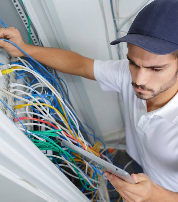 portrait of electrician wiring electrical panel